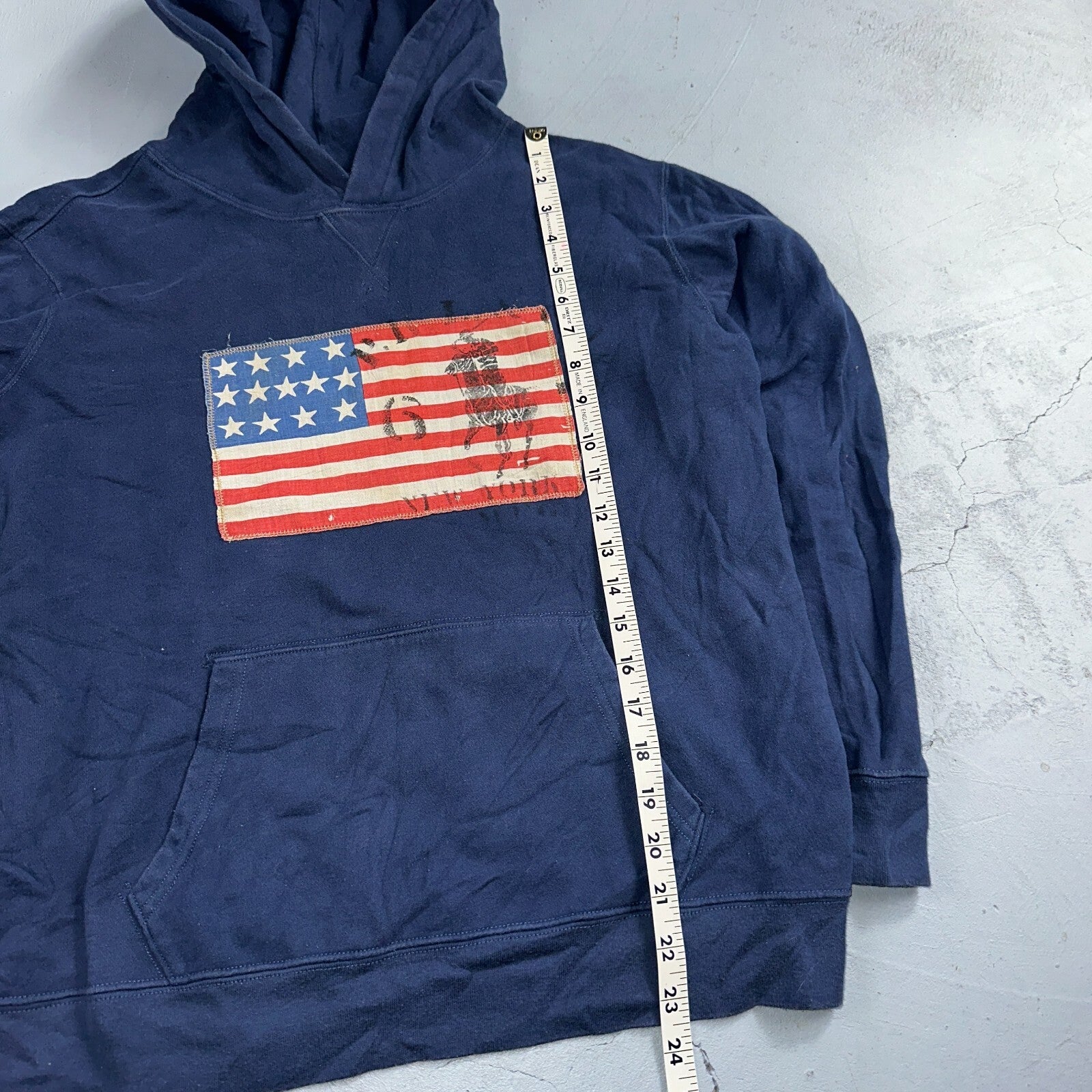 Polo Ralph Lauren Mens Small Americana Flag Slim Navy Hoodie Sweater RL VTG Styl