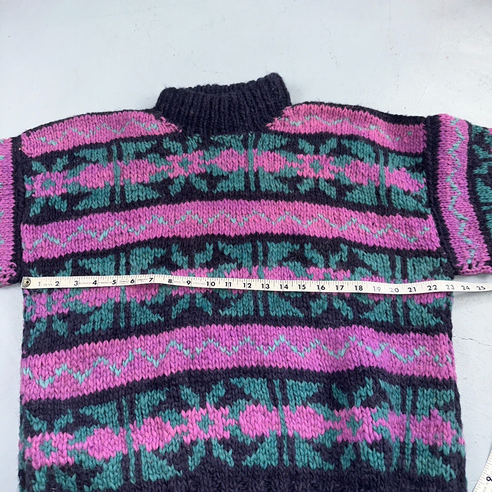 VTG World Class Sweater Purple Striped Wool Hand Made Aztec Geometric 1970s