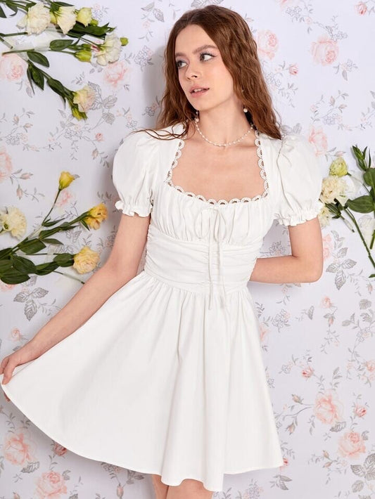 SHEIN MOD Ruched Bust Shirred Back Puff Sleeve Front Dress White Sexy Summer