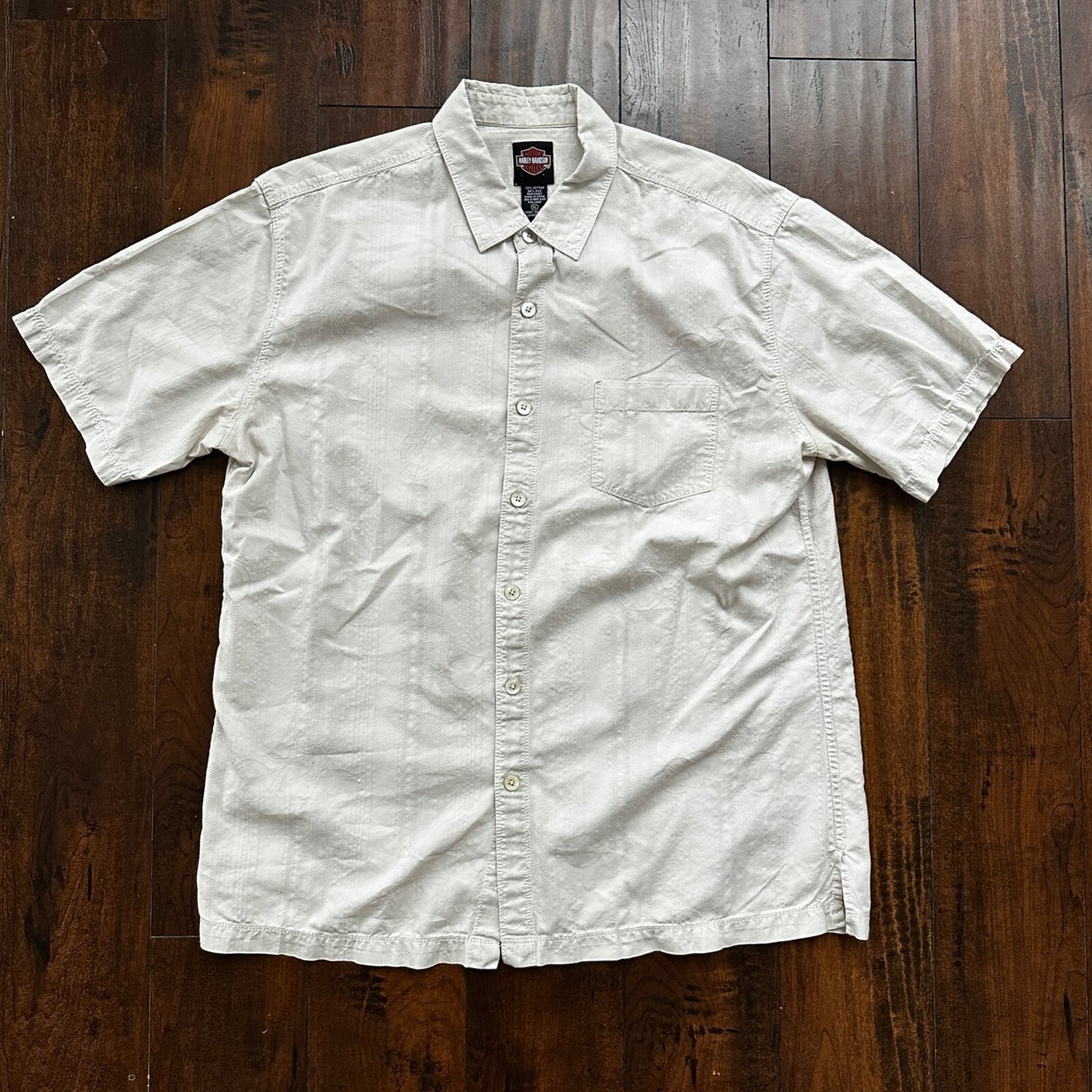 Harley Davidson Shirt Button Up XL Short Sleeve VTG Motorcycle White Silk