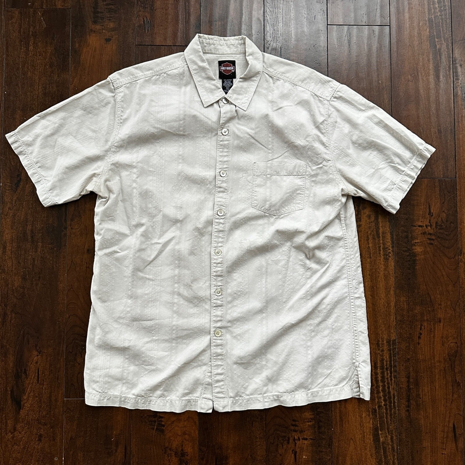 Harley Davidson Shirt Button Up XL Short Sleeve VTG Motorcycle White Silk