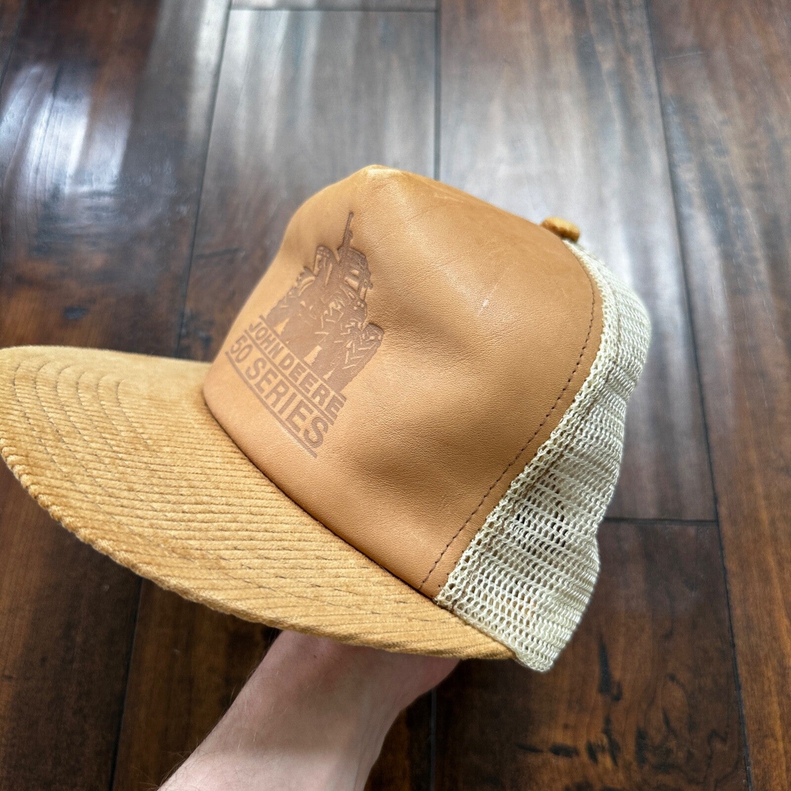 John Deere 50 Series VTG Hat Cap Snapback 90s Leather Corduroy Brown