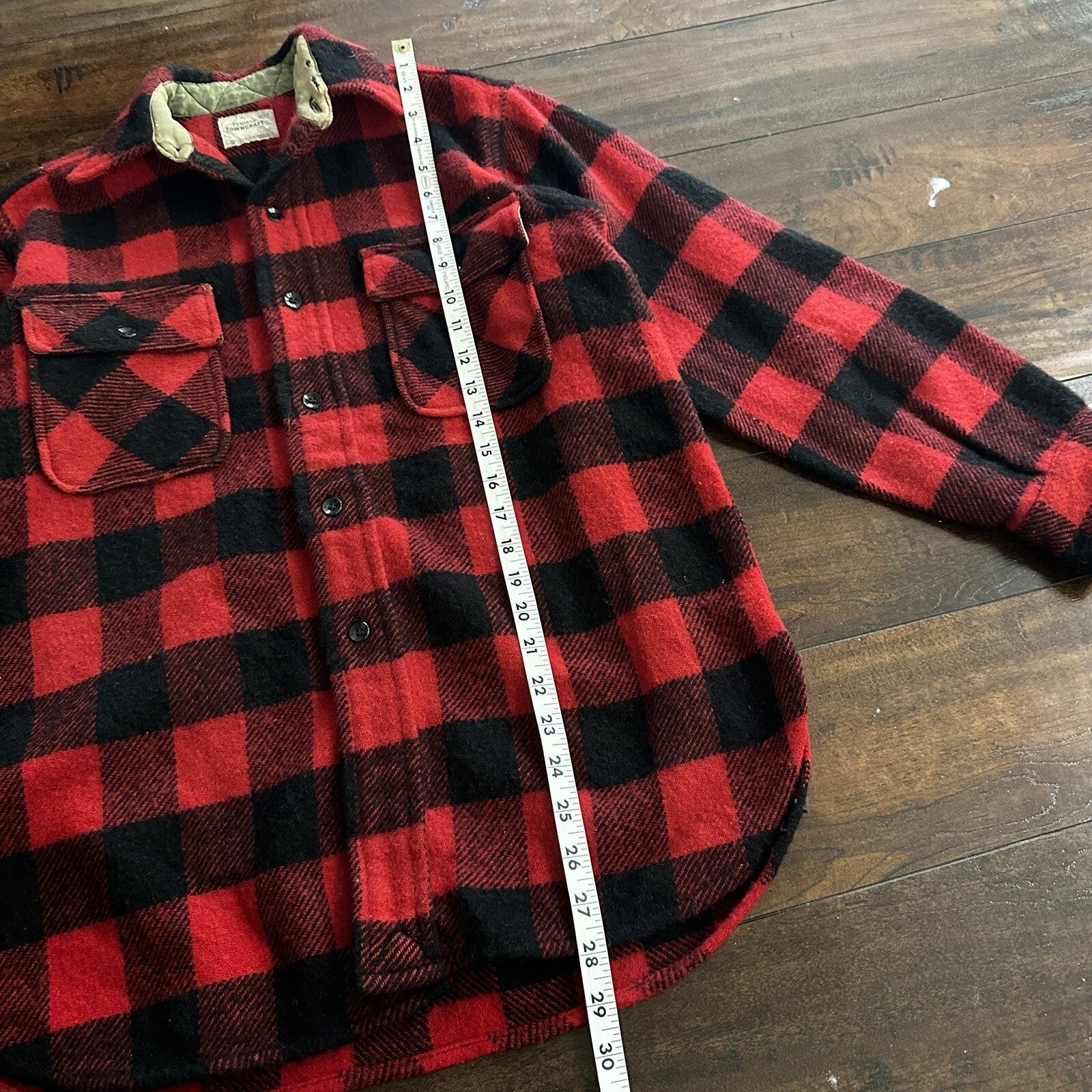 Vintage Penneys Towncraft Red Black Plaid Flannel Shirt Sz M Checker 60s 70s