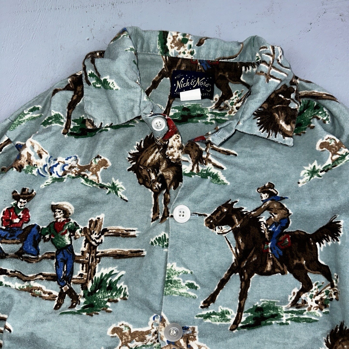Nick & Nora Cowboy Pajama Shirt M Green Flannel Kurt Cobain USA 90s Nirvana T