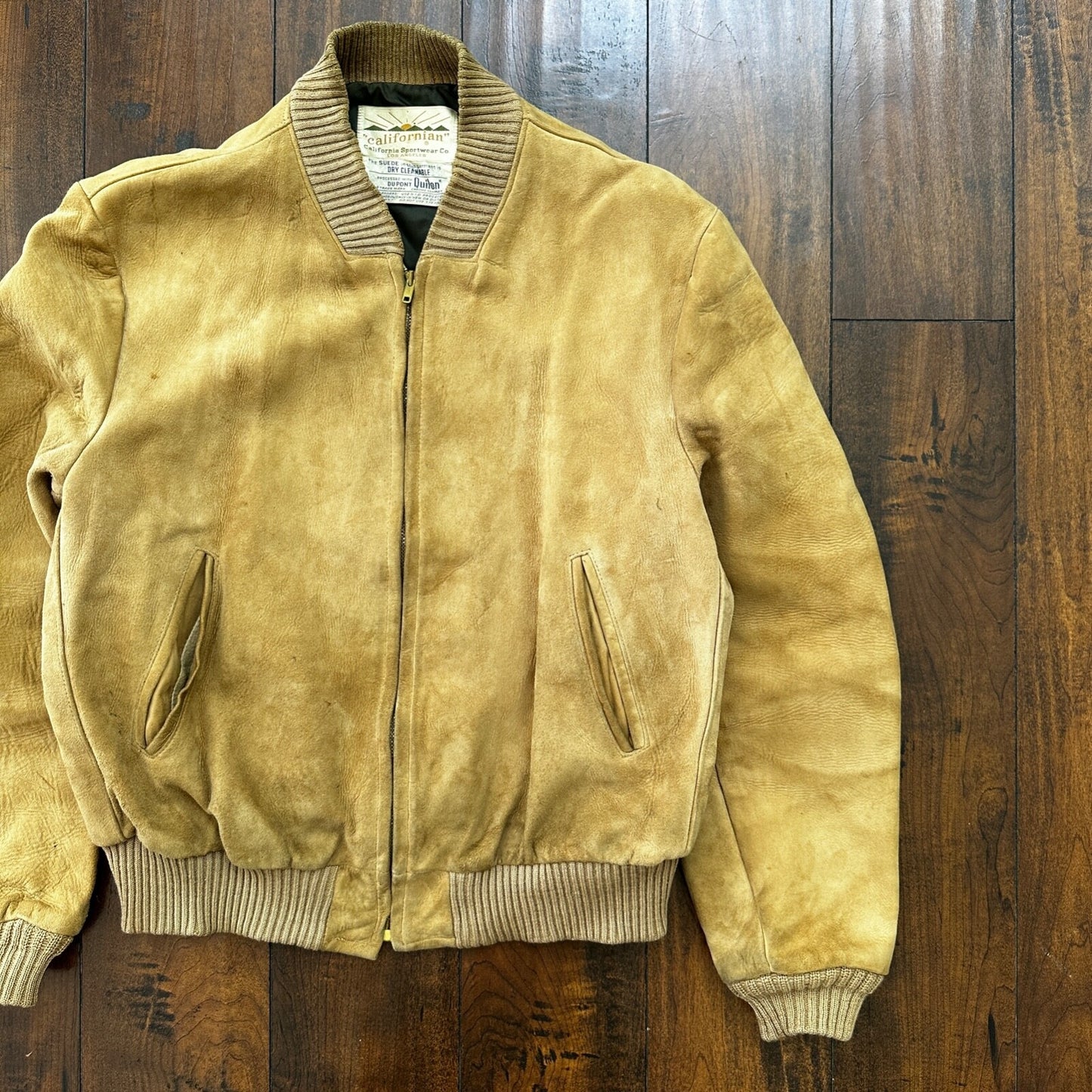 VTG 1950s DuPont Quilon Jacket Tan Suede Leather Lined Bomber 44 Rockabilly