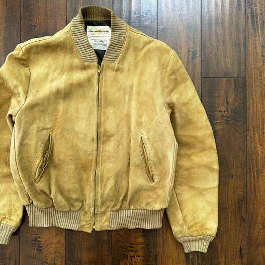 VTG 1950s DuPont Quilon Jacket Tan Suede Leather Lined Bomber 44 Rockabilly