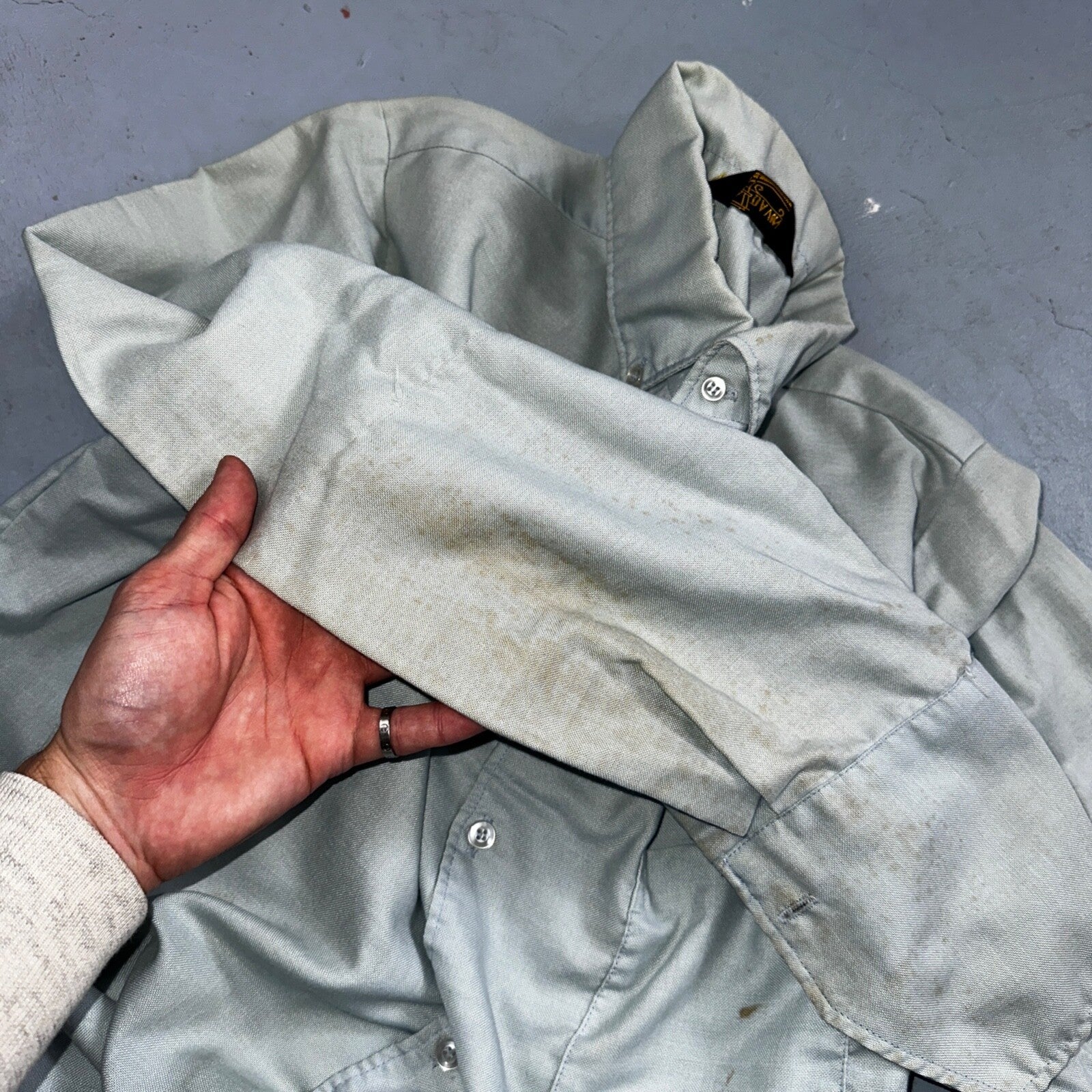 Vintage 70s DaVinci California Mod Long Sleeve Button Shirt Blue Thrashed