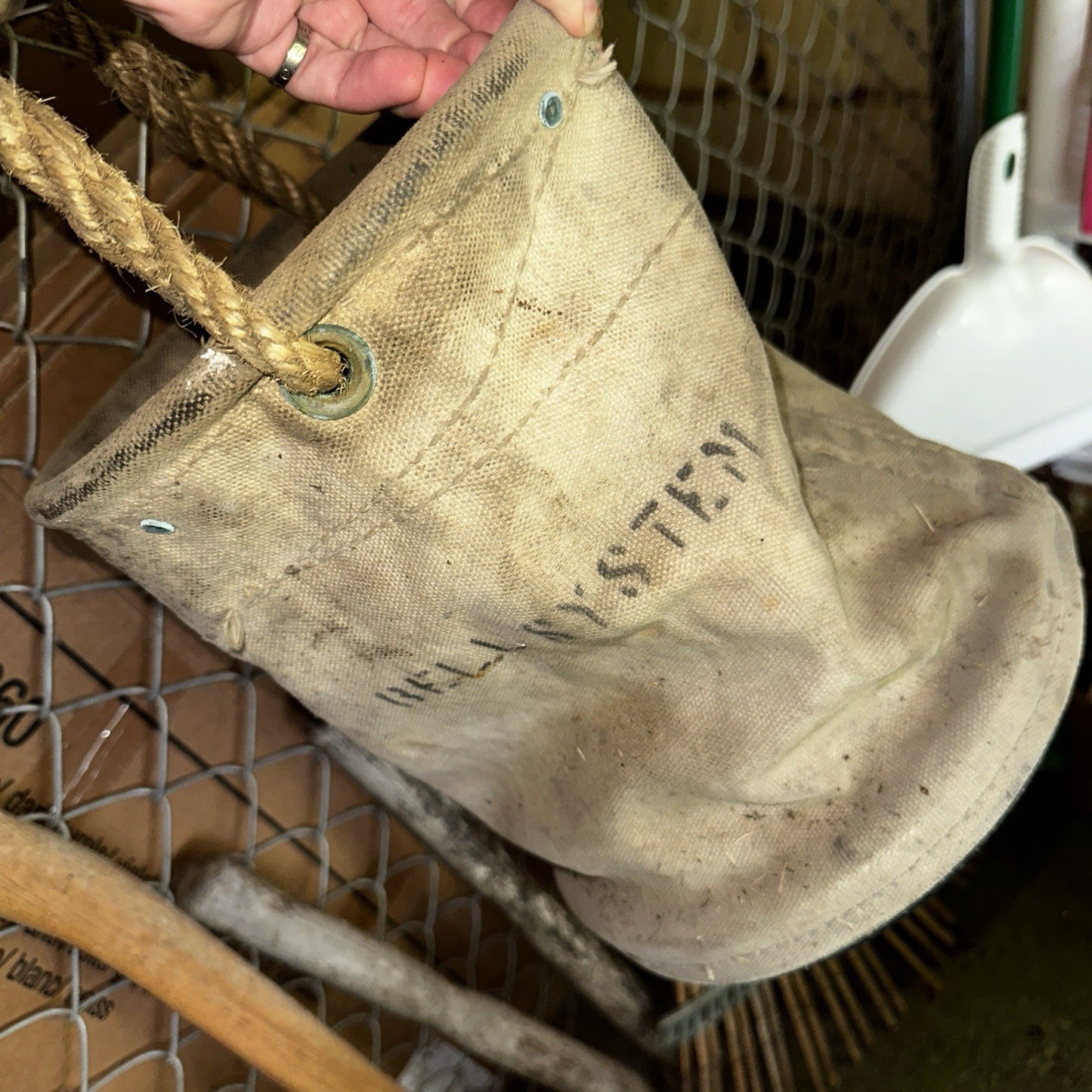 VTG Used Bell System Canvas Bucket Rope Lineman Tool Tote Barn Pulley Antique