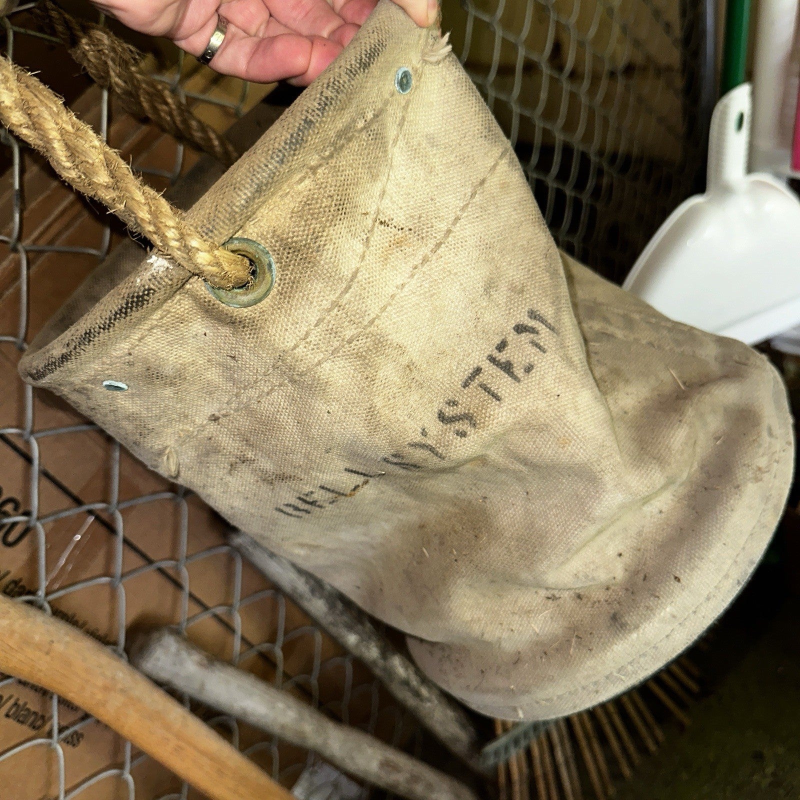 VTG Used Bell System Canvas Bucket Rope Lineman Tool Tote Barn Pulley Antique