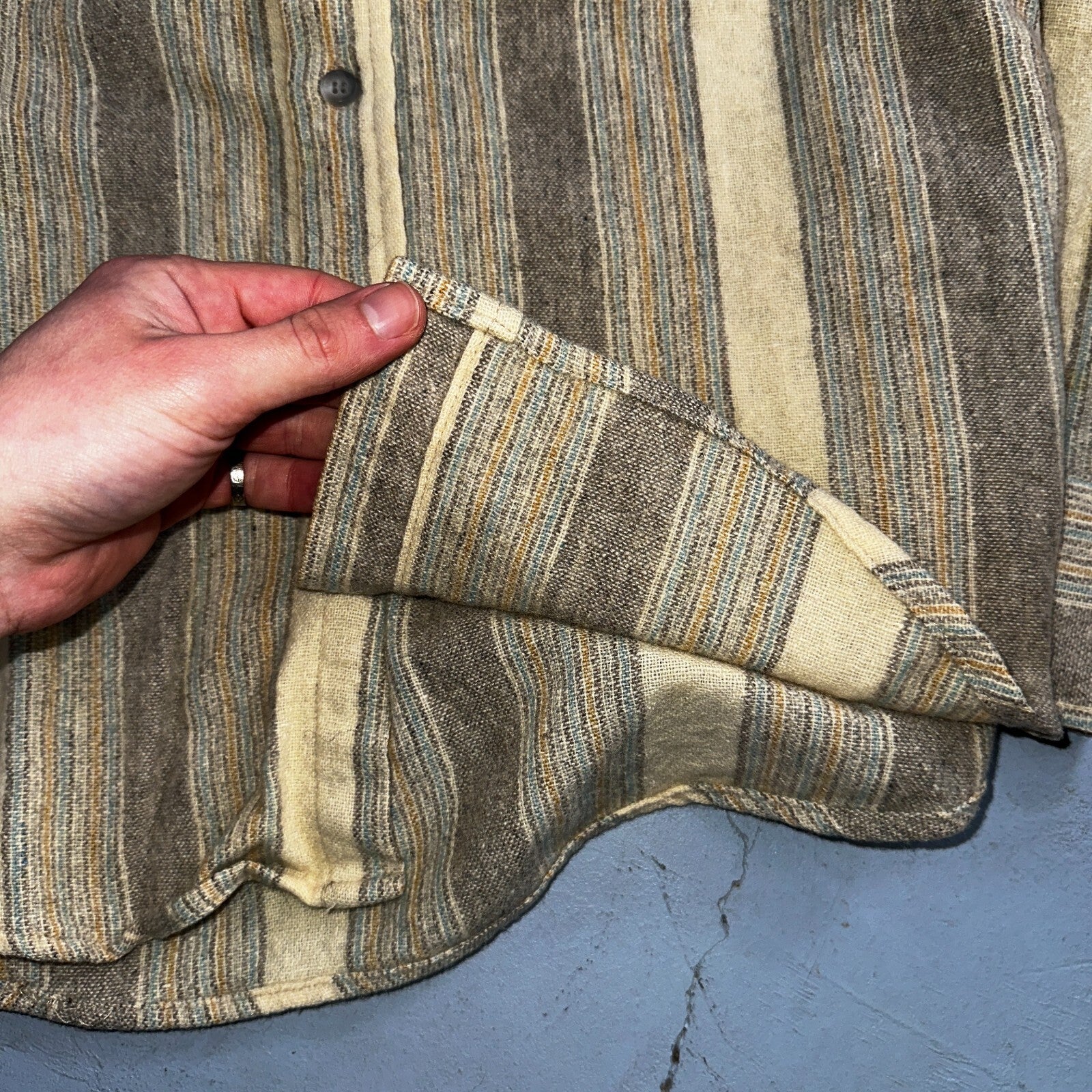 Arrow Shelter Bay Wool Mens Shirt Button Up M Brown Plaid Flannel Striped 80s