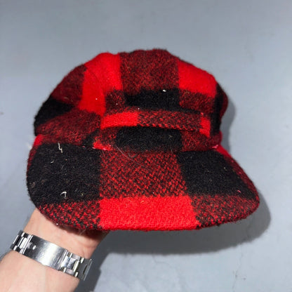 Vintage 1970s Woolrich Buffalo Plaid Red Black Hat with Ear Flaps USA 70s Warm