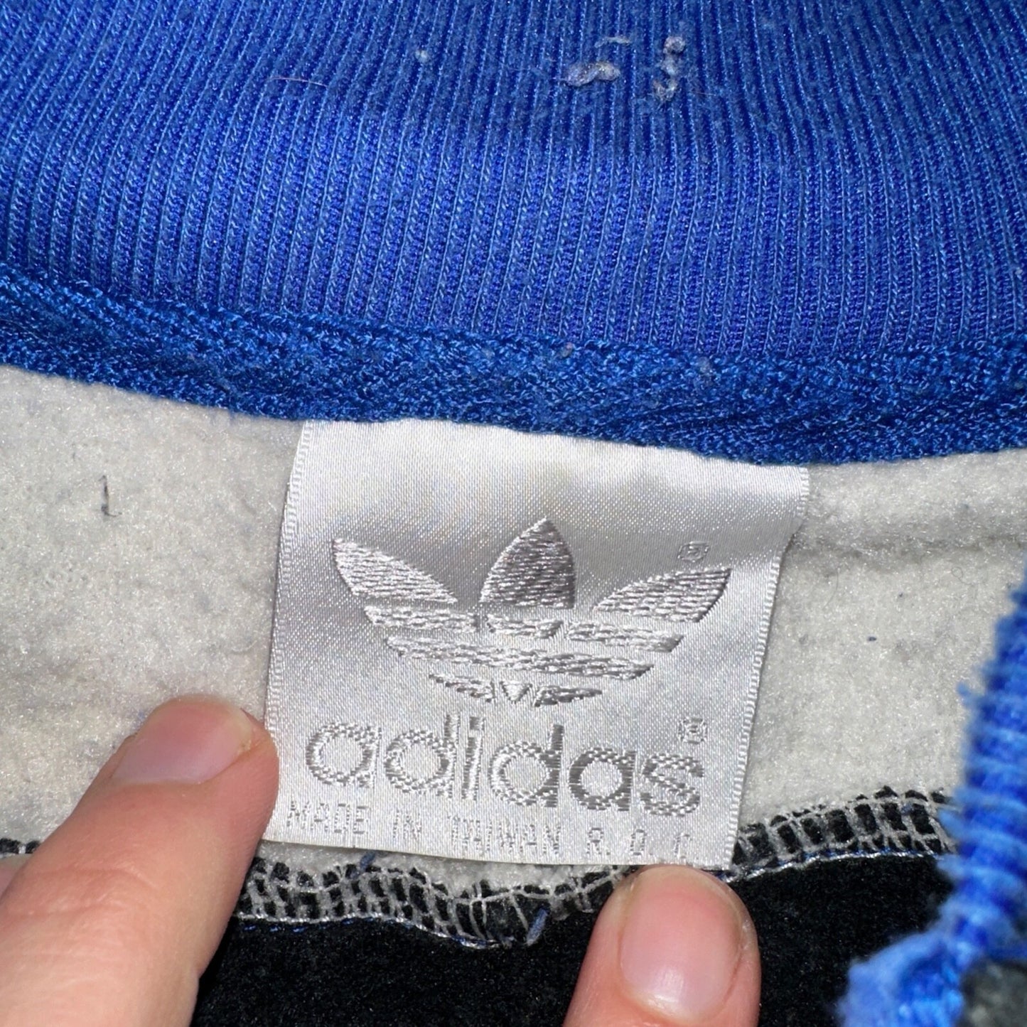 Adidas 80s 90s VTG Logo Sweater XL Blue Full Zip Sweatshirt Mens Burn Hole