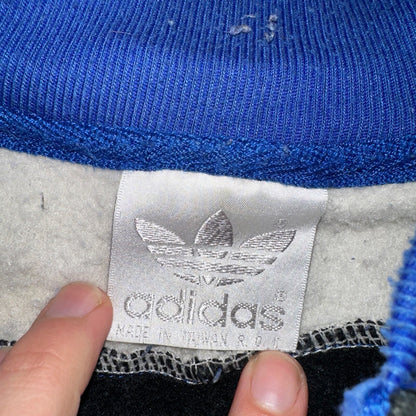 Adidas 80s 90s VTG Logo Sweater XL Blue Full Zip Sweatshirt Mens Burn Hole