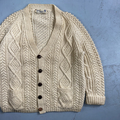 Heron Garment VTG 1970s Thick Ivory Pure Wool Cabled Cardigan Sweater 70s