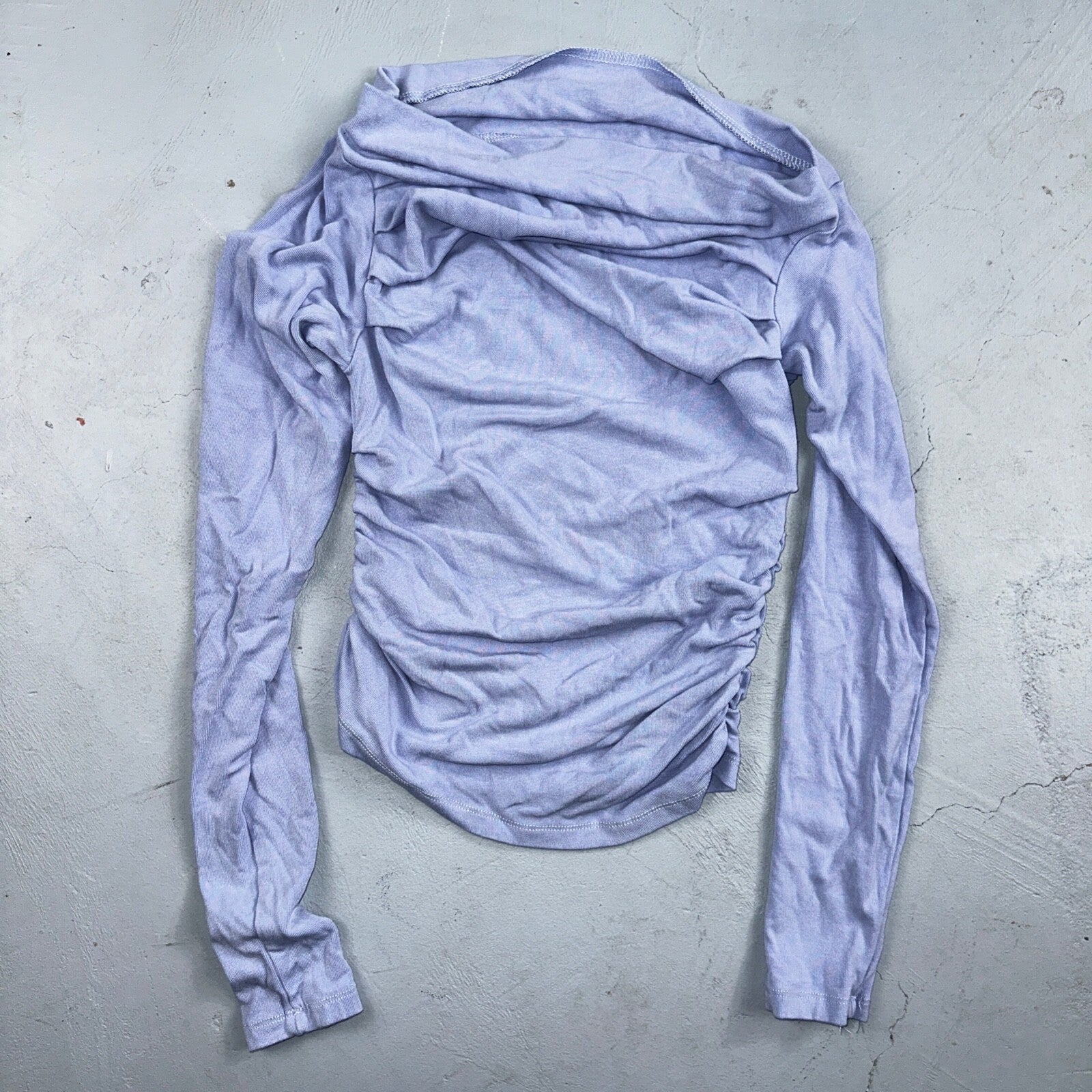 Rayon Blouse Womens S Purple Off Shoulder Crinkle Top Mesh Ruched Y2K