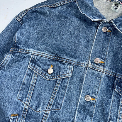 Crusin USA Cars Vintage 1980s Embossed Men's Denim Jacket Sz L Trucker Muscle