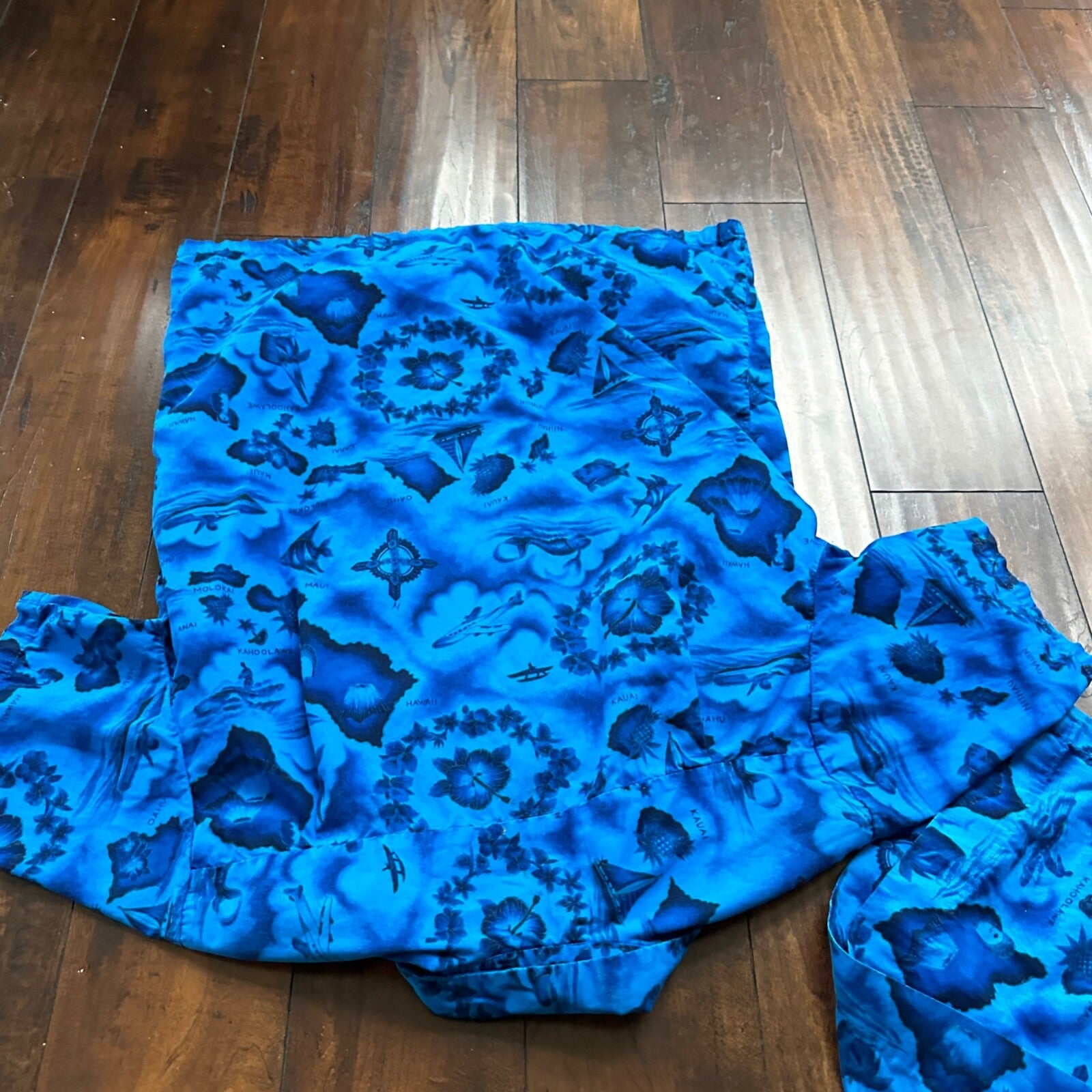 Ui-Maikai Vintage 1960s Barkcloth Blue Hibiscus Dress And Shirt Rockabilly Rare