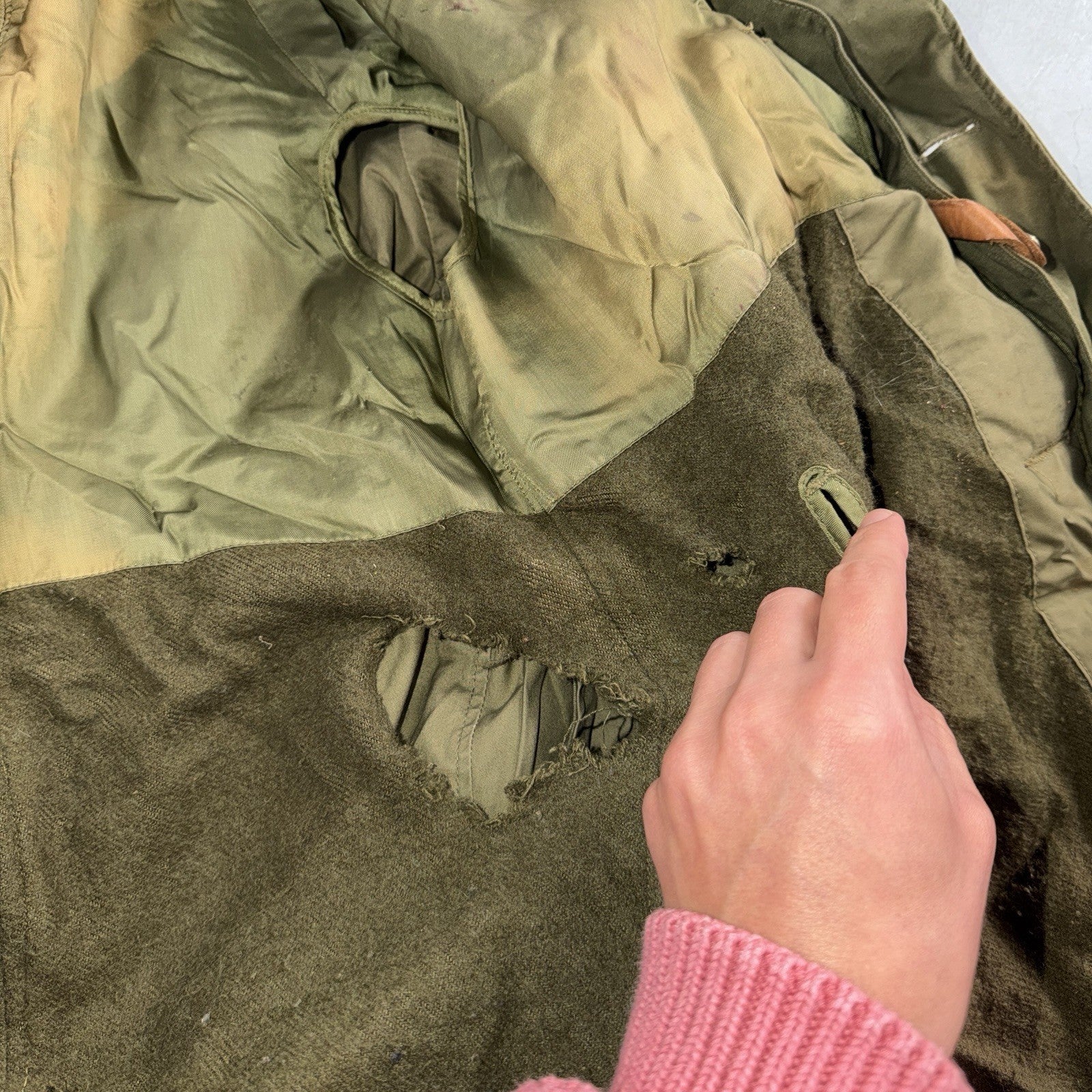 1950 US Army OD-7 Overcoat Cotton No Liner Korean War Trench Coat Belted OG 107