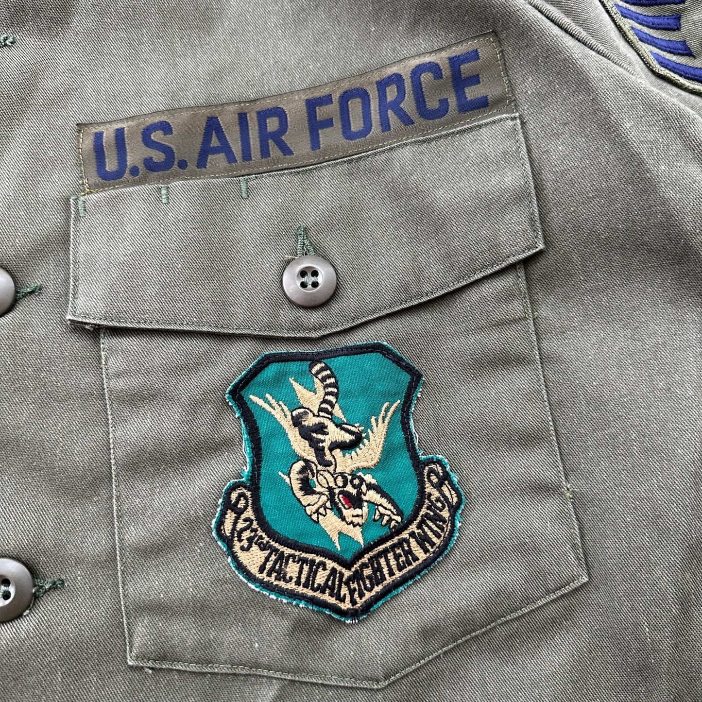 VTG US Military Shirt Mens 15.5 Green OG 507 Utility Patches Jacket 1980 USAF