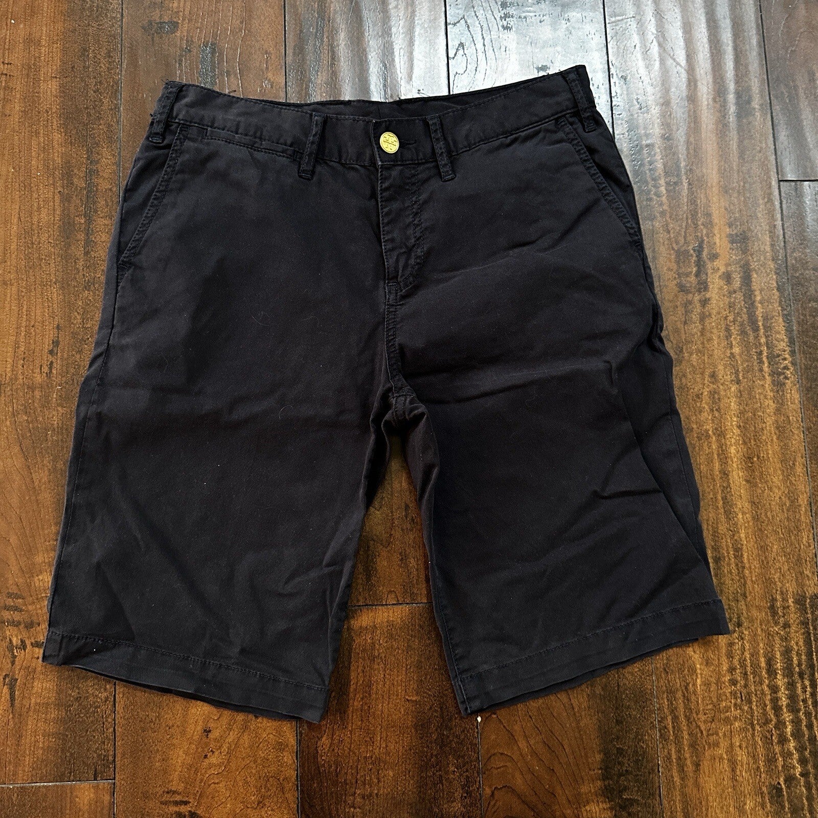 Tory Burch Women's Boyfriend Bermuda Chino Shorts Gold Button Navy Blue Size 29