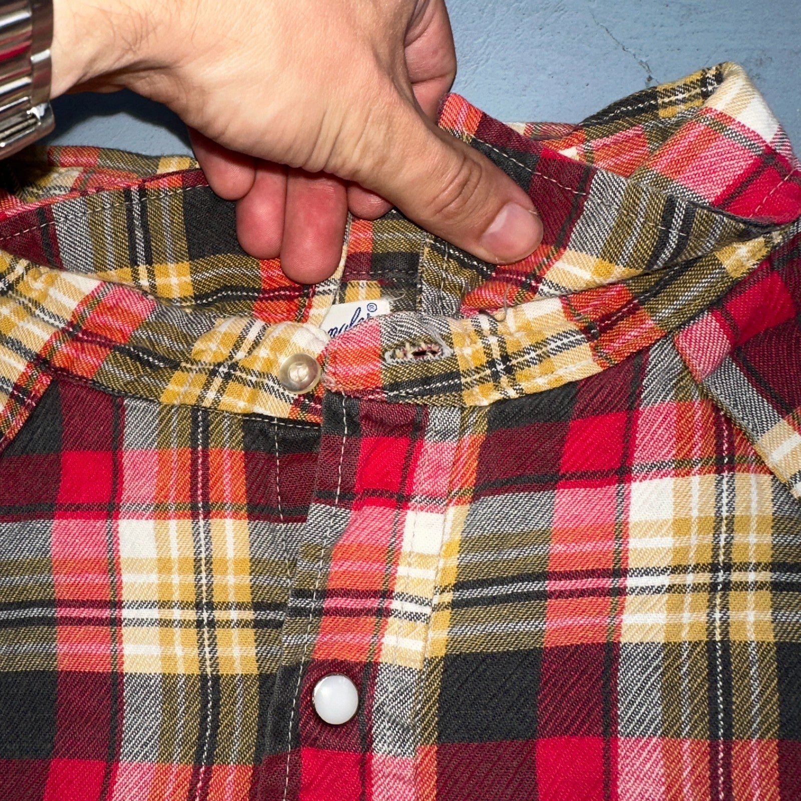 Vintage 60s Wrangler Sanforized Flannel Cotton Button Down Pearl Snap Rockabilly