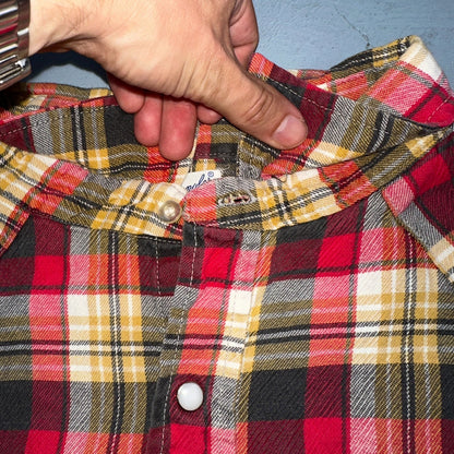 Vintage 60s Wrangler Sanforized Flannel Cotton Button Down Pearl Snap Rockabilly