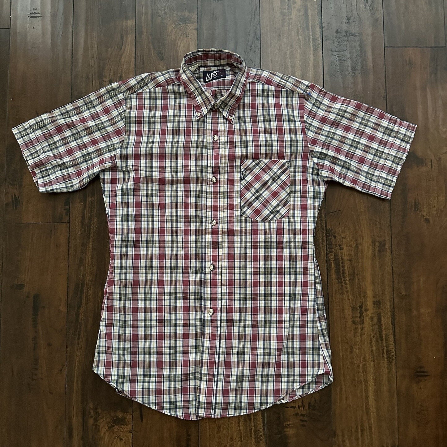 Vintage 70s Levis Mens Shirt M Tapered Fit blue Red Plaid Button Up 80s Big E