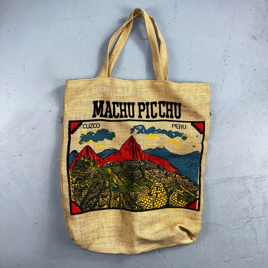 VTG Peru Machu Picchu Upcycled Coffee Reversible Burlap Tote Bag 70s Art Travel