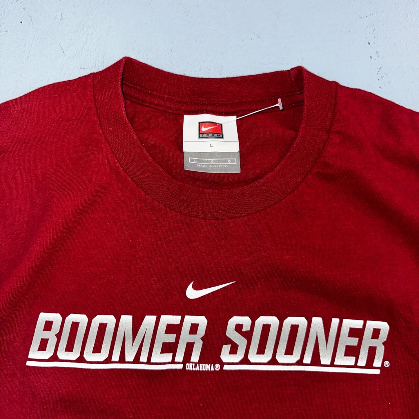 Nike Boomer Sooner VTG T Shirt Oklahoma Center Swoosh Y2K NCCA Football Rare