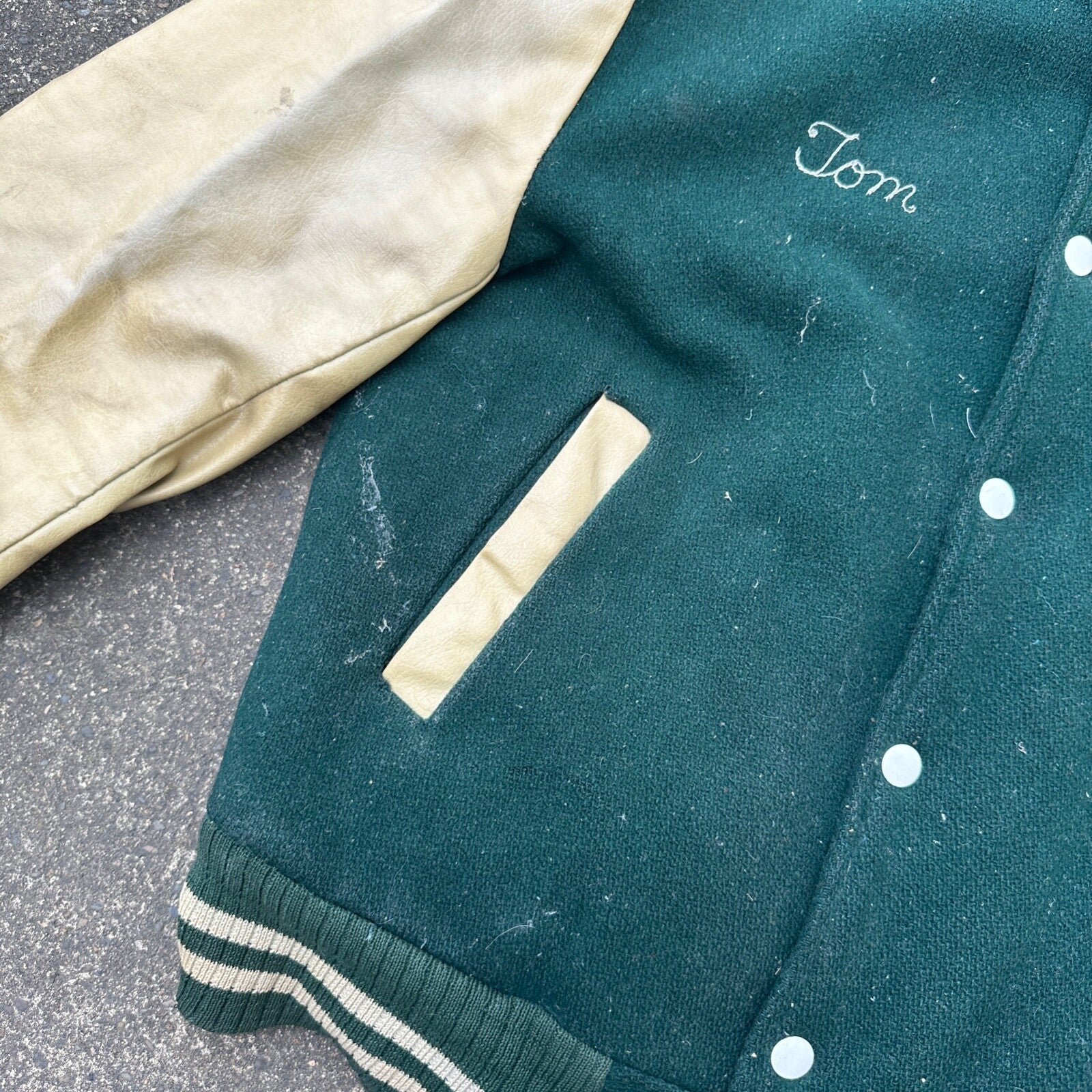 Vintage Letterman Jacket Green White Leather Wool TOM Named Simple Basic 1960s