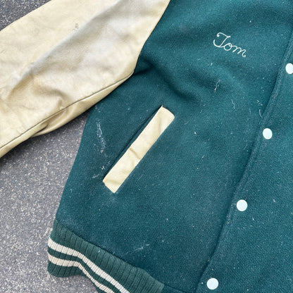 Vintage Letterman Jacket Green White Leather Wool TOM Named Simple Basic 1960s