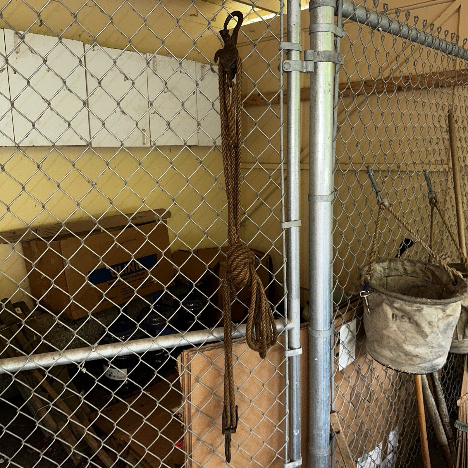 VTG Used Bell System Canvas Bucket Rope Lineman Tool Tote Barn Pulley Antique