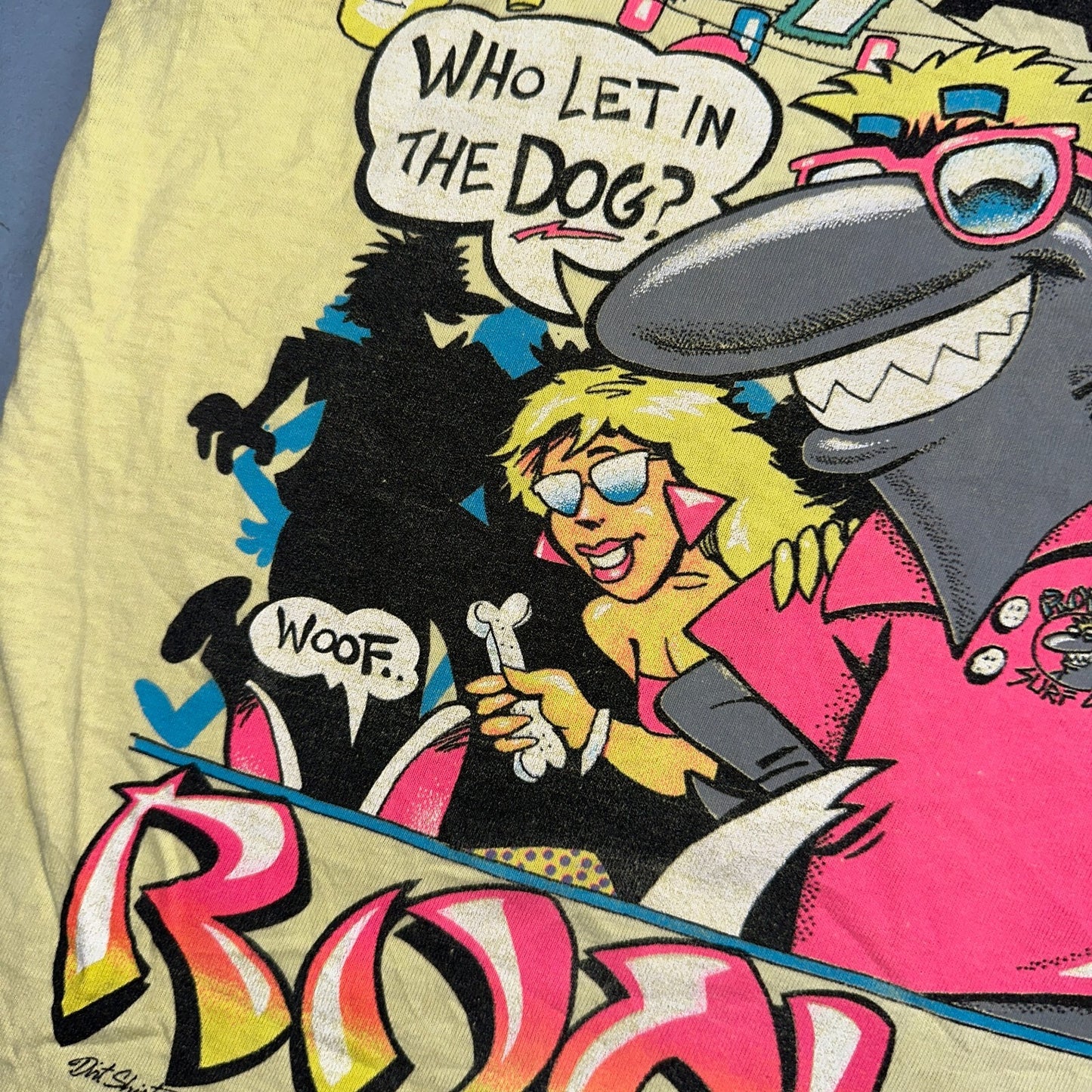 VTG 90s Ron Jons Surf Shop Tank Shirt Yellow Shark Ski Doo Cartoon USA Hot Girl