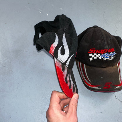 Snap On Racing Lot of 2 VTG Hat Cap Snapback Black Flames Y2K Dirty Cool Cars