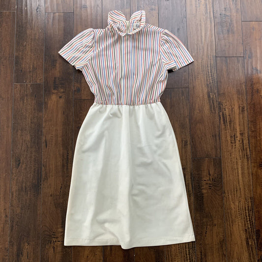Vintage Mijoi White Striped Business Dress With Short sleeve Shoulder Button 80s