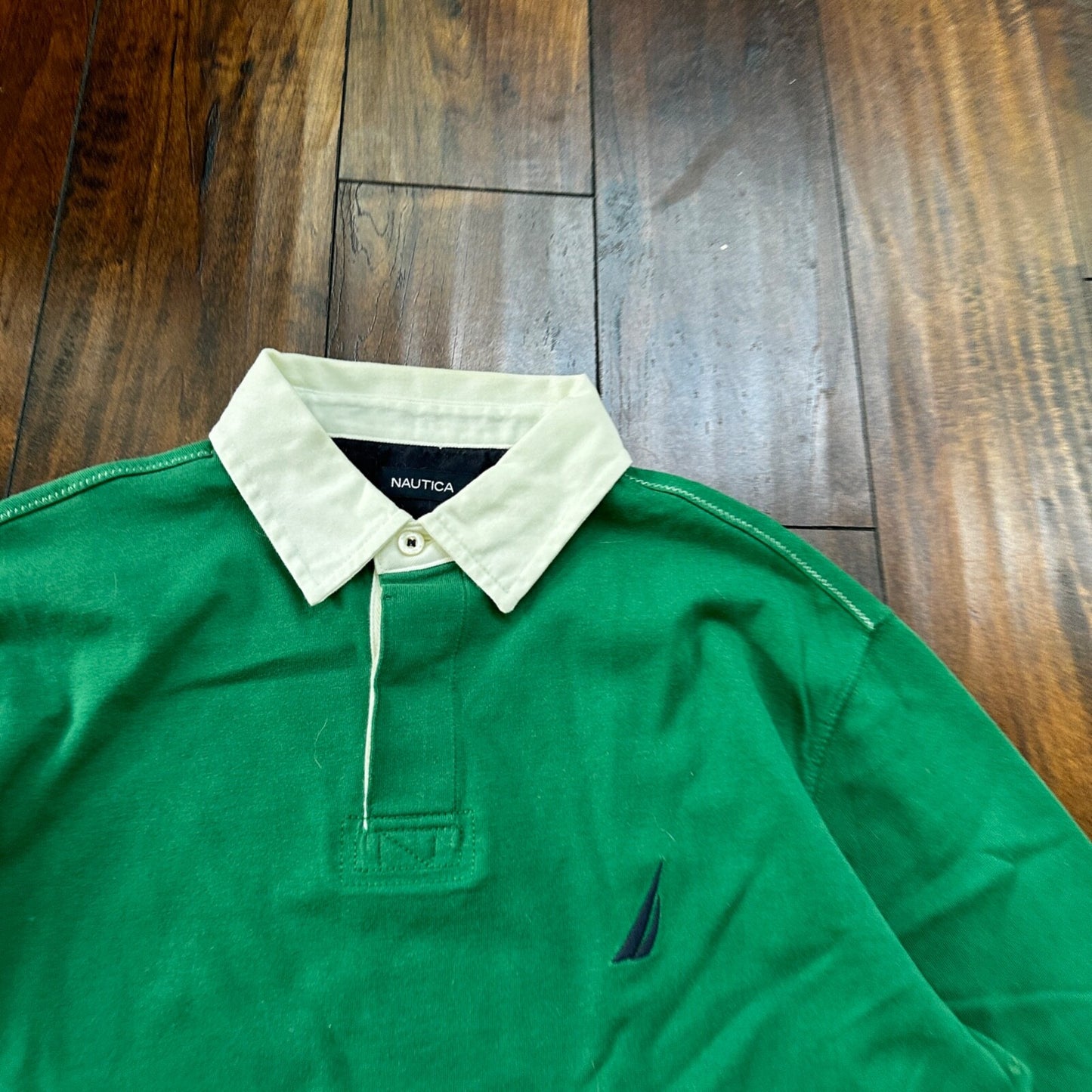 Nautica Men's Long Sleeve Classic Fit Green Polo embroidered logo M 100% Cotton