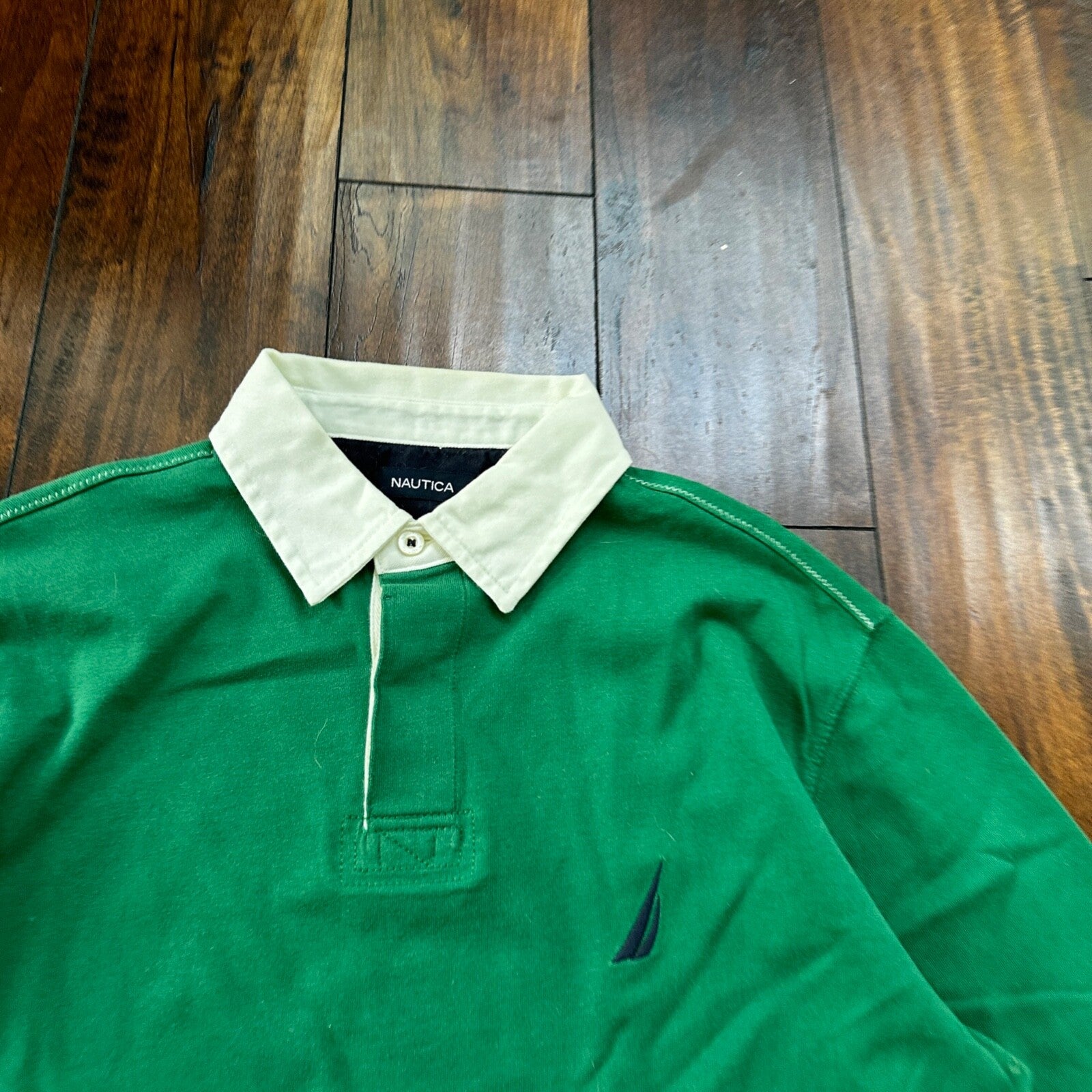 Nautica Men's Long Sleeve Classic Fit Green Polo embroidered logo M 100% Cotton