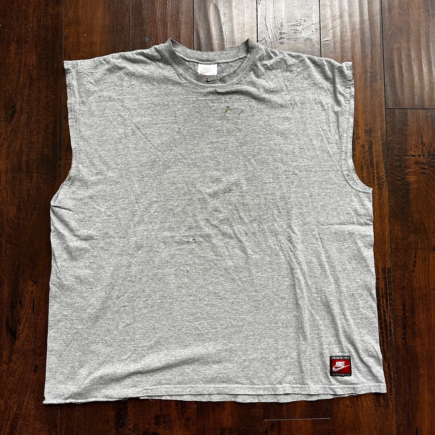 Nike Trashed Center Swoosh Vintage T Shirt 90s Basic Grey Gym Rat Stained