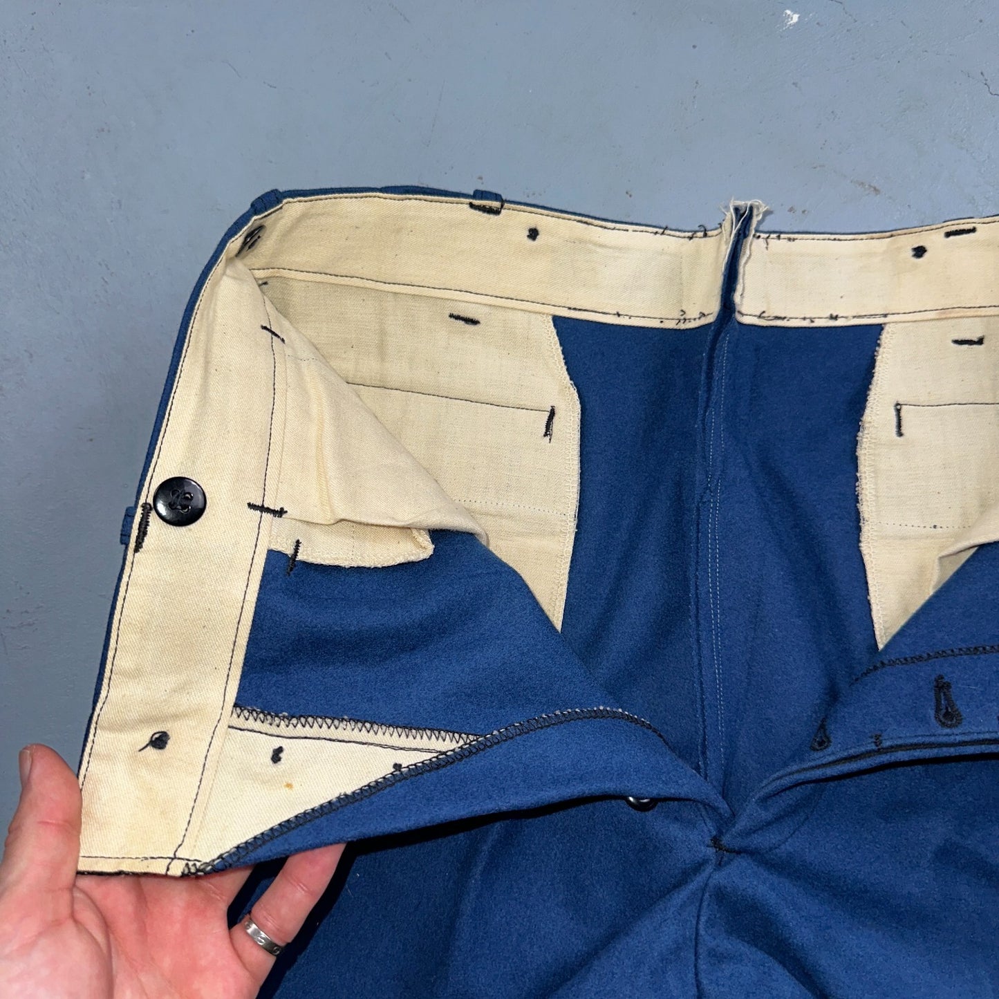 VTG Wool Trousers Pants Sz 31x31 1940s WWII Button Fly Wide Leg Dress Suit Blue