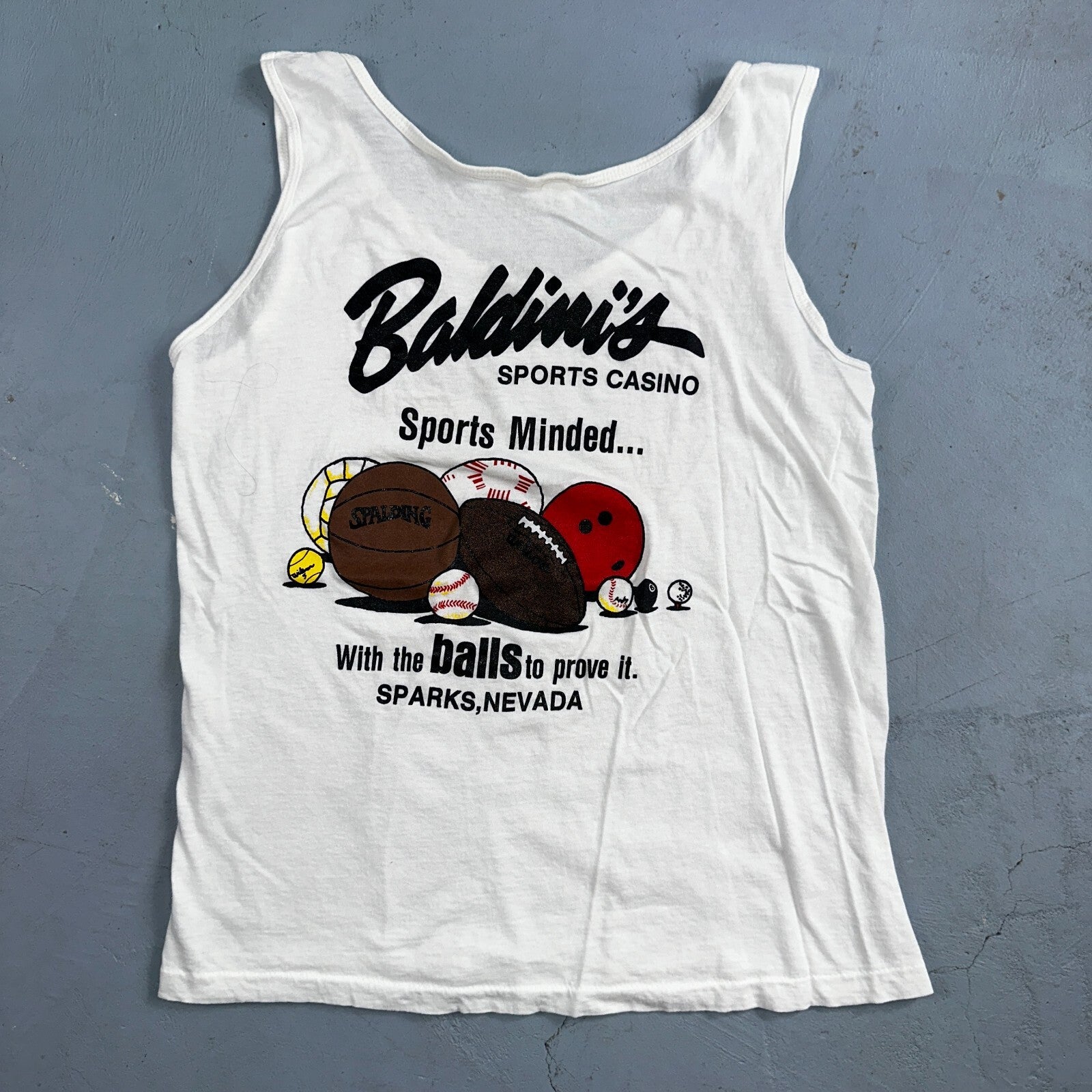 Got Balls Spalding Basketball VTG T Shirt White Tank 80s Baldinis Casino Nevada