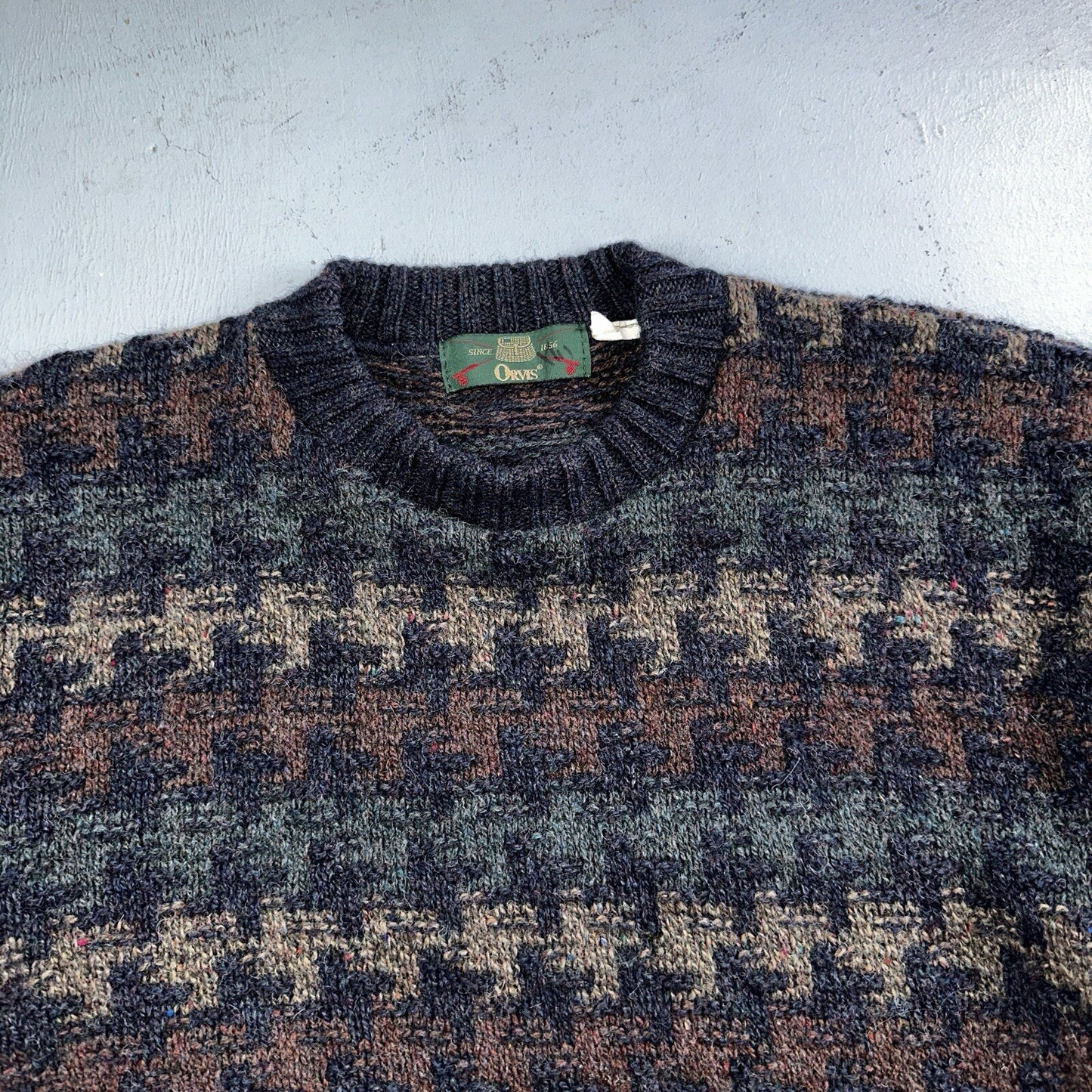 Orvis Men’s Wool Sweater XL Navy Green Tan Brown Jumper Houndstooth GrandpaCore