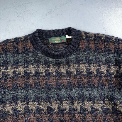 Orvis Men’s Wool Sweater XL Navy Green Tan Brown Jumper Houndstooth GrandpaCore