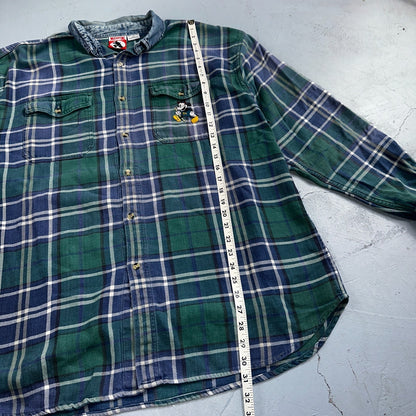 Vintage 90s Disney Mickey 2XL Blue Green Plaid Flannel Shirt Embroidered Pocket