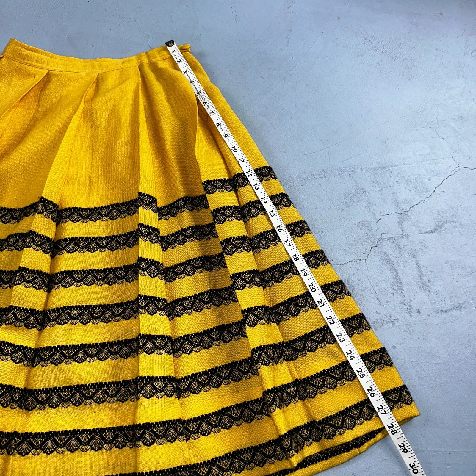 Vintage Marlies Handwebe Tyrol Skirt Yellow Wool Black Lace Trim Austria 50s