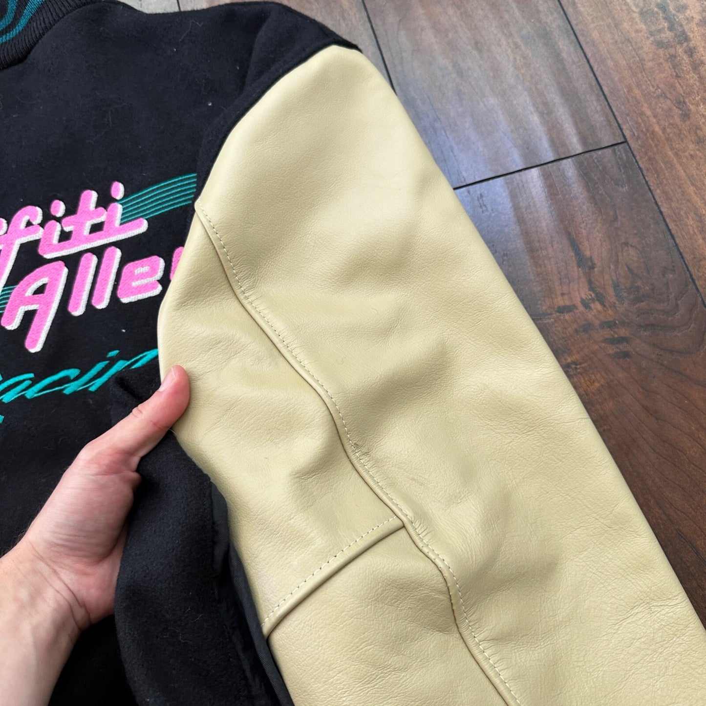 VTG Graffiti Alley Varsity Leather Letterman 70s Jacket 48 Portland Cars Racing