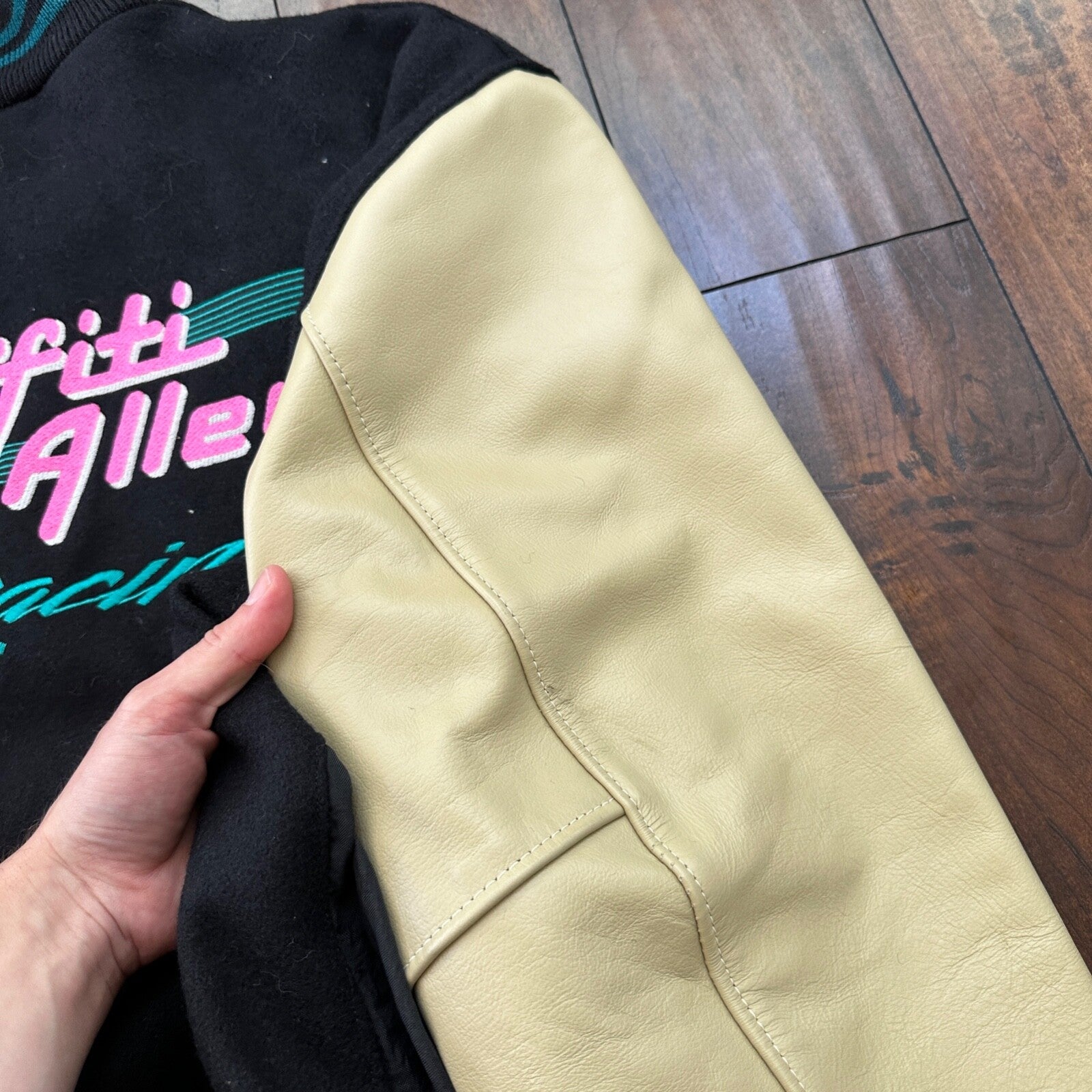 VTG Graffiti Alley Varsity Leather Letterman 70s Jacket 48 Portland Cars Racing