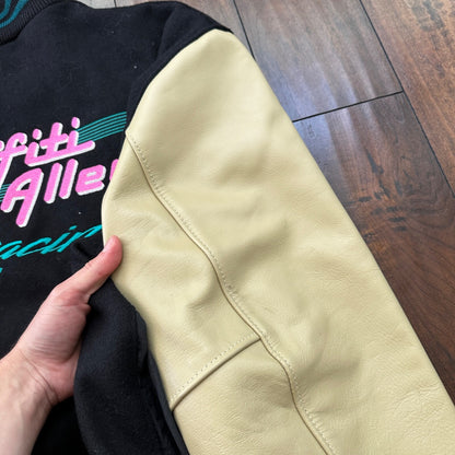 VTG Graffiti Alley Varsity Leather Letterman 70s Jacket 48 Portland Cars Racing