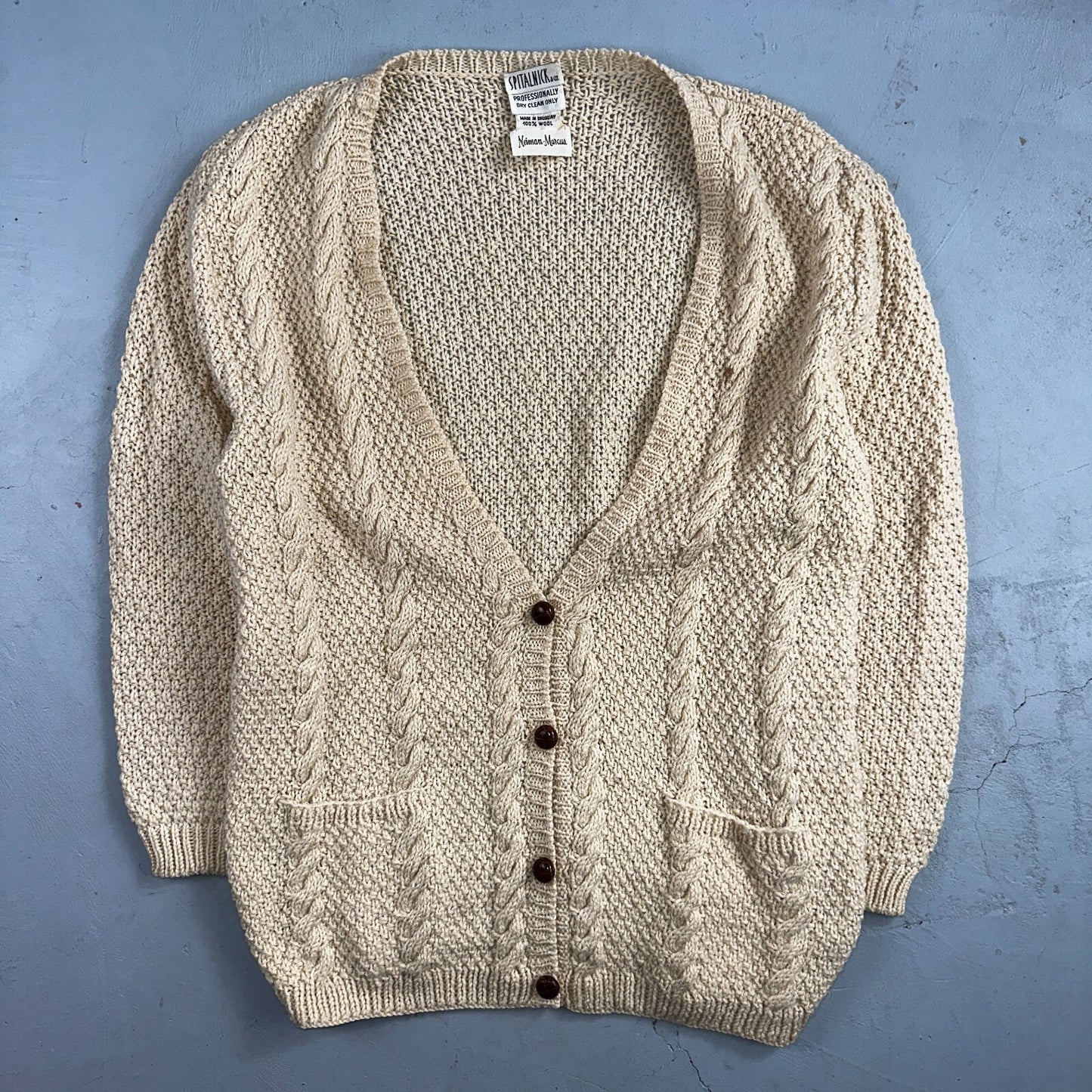 Vintage Oversized Spitalnick Neiman Marcus 100% Wool Cardigan Cable Knit Cozy
