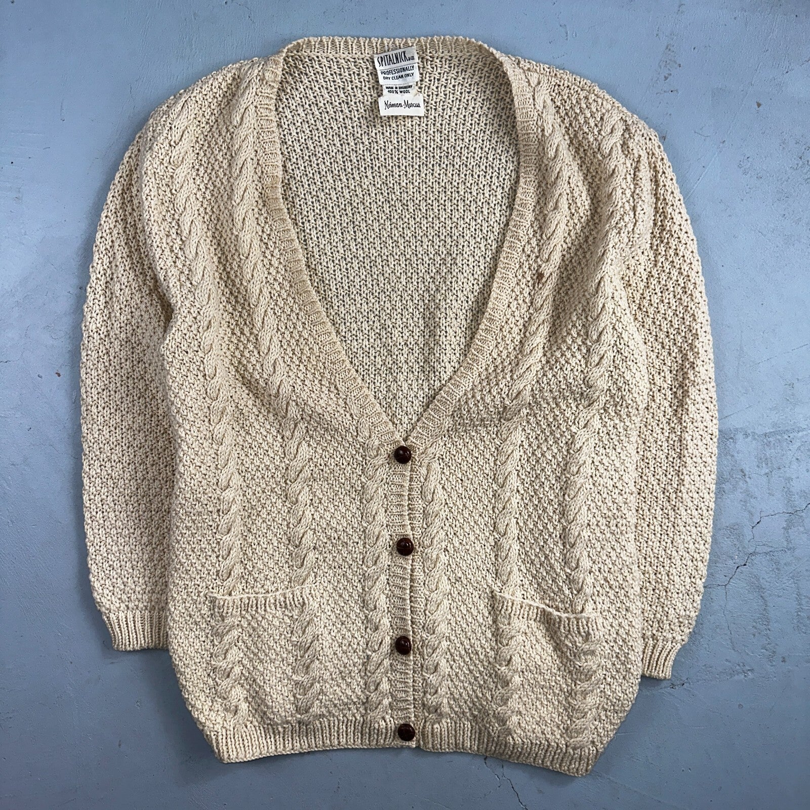 Vintage Oversized Spitalnick Neiman Marcus 100% Wool Cardigan Cable Knit Cozy