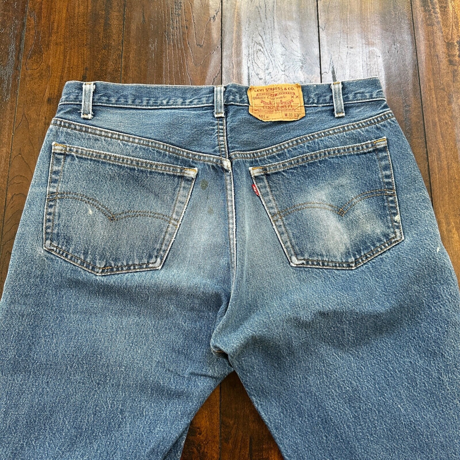 VTG 80s Levis 501 Button Fly 38x36 USA Tag Jeans Straight Wash Blue XX Act 34x31